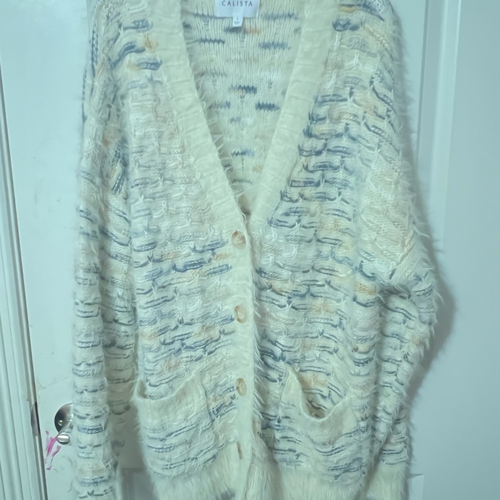 Cozy Cream and Blue Chunky Knit Cardigan